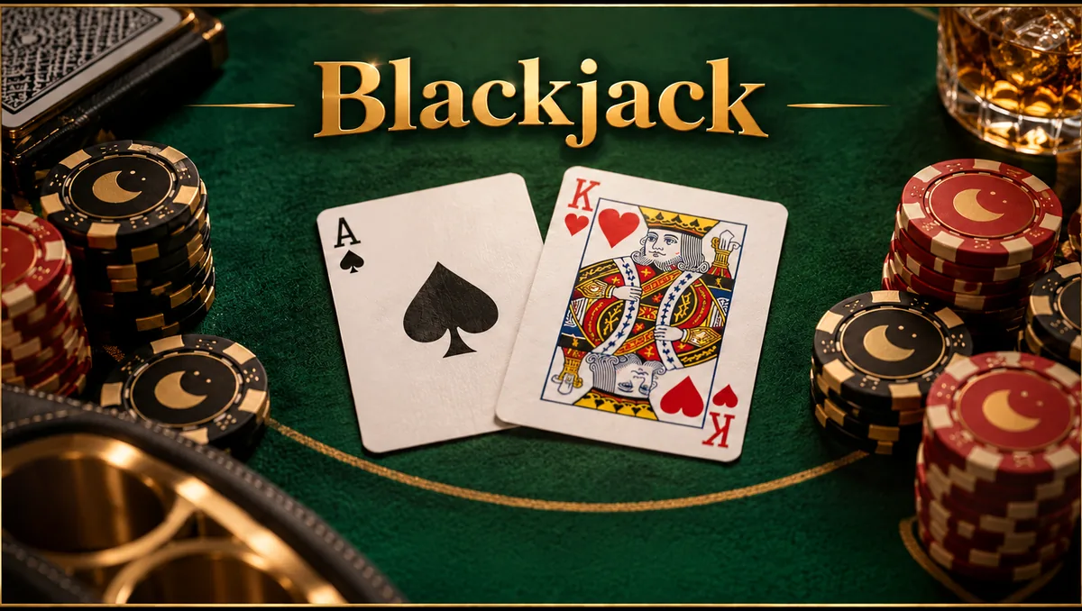 Ilustración editorial de blackjack con cartas sobre un paño verde y fichas