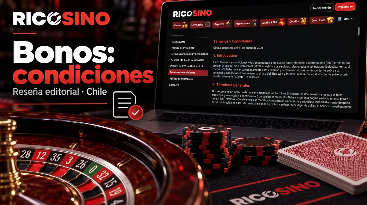 Ilustración editorial sobre condiciones de bonos con cartas, fichas y un ícono de documento