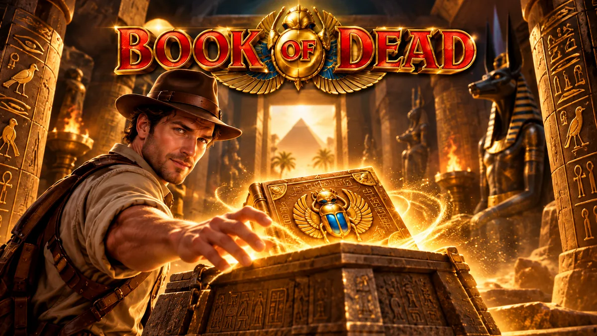 Ilustración editorial de Book of Dead con un libro antiguo y una escena egipcia