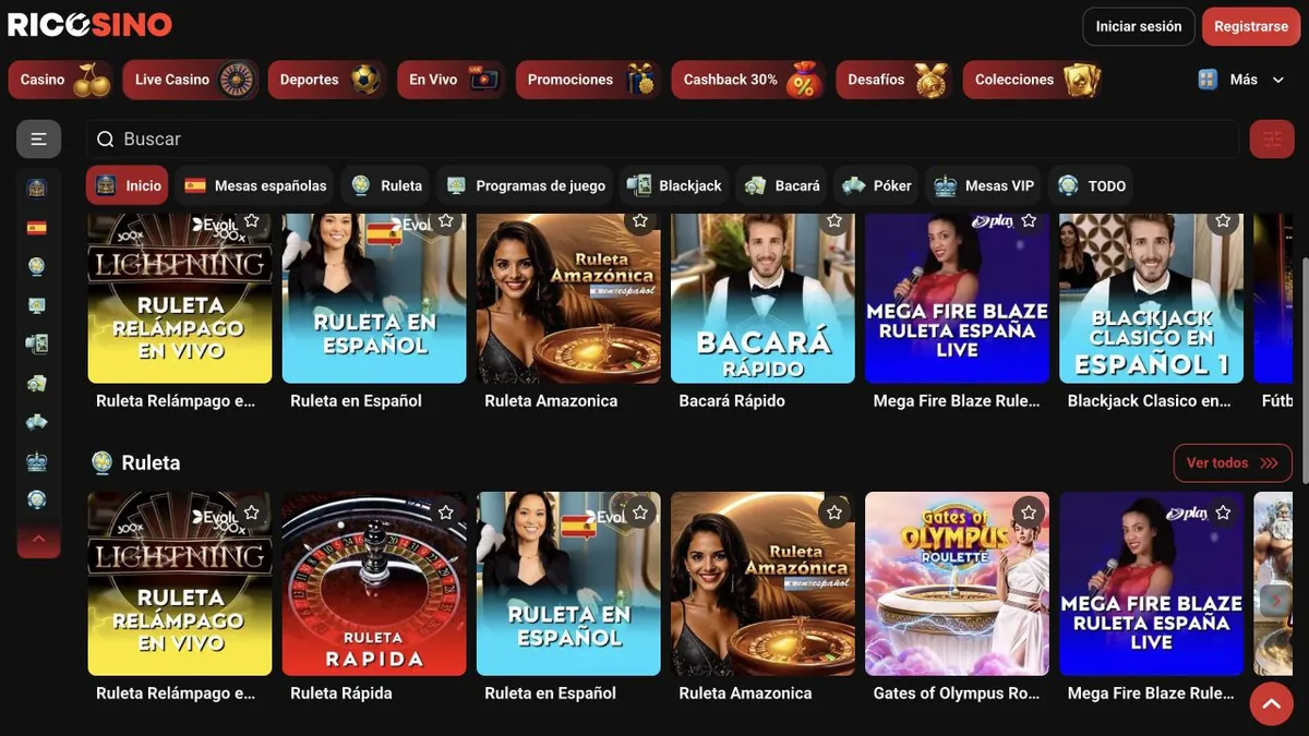 Captura de la sección en vivo de Ricosino con las categorías Mesas españolas, Ruleta, Blackjack y la mesa Blackjack Clásico en Español 1