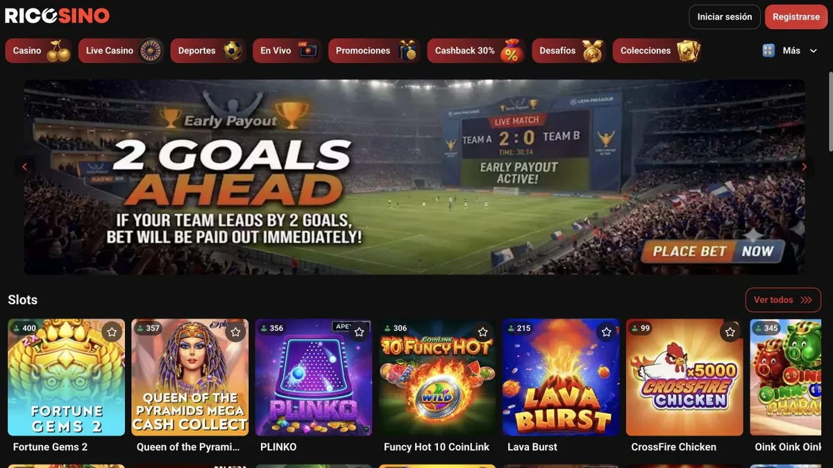 Captura de la portada de Ricosino con el menú Casino, Live Casino, Deportes, En Vivo, Promociones y una fila de tragamonedas populares