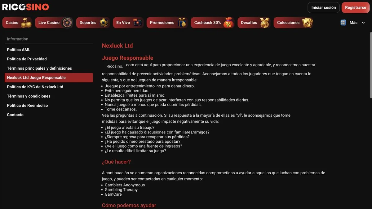 Captura de la página Nexluck Ltd Juego Responsable de Ricosino con consejos, preguntas de autoevaluación y organizaciones de ayuda