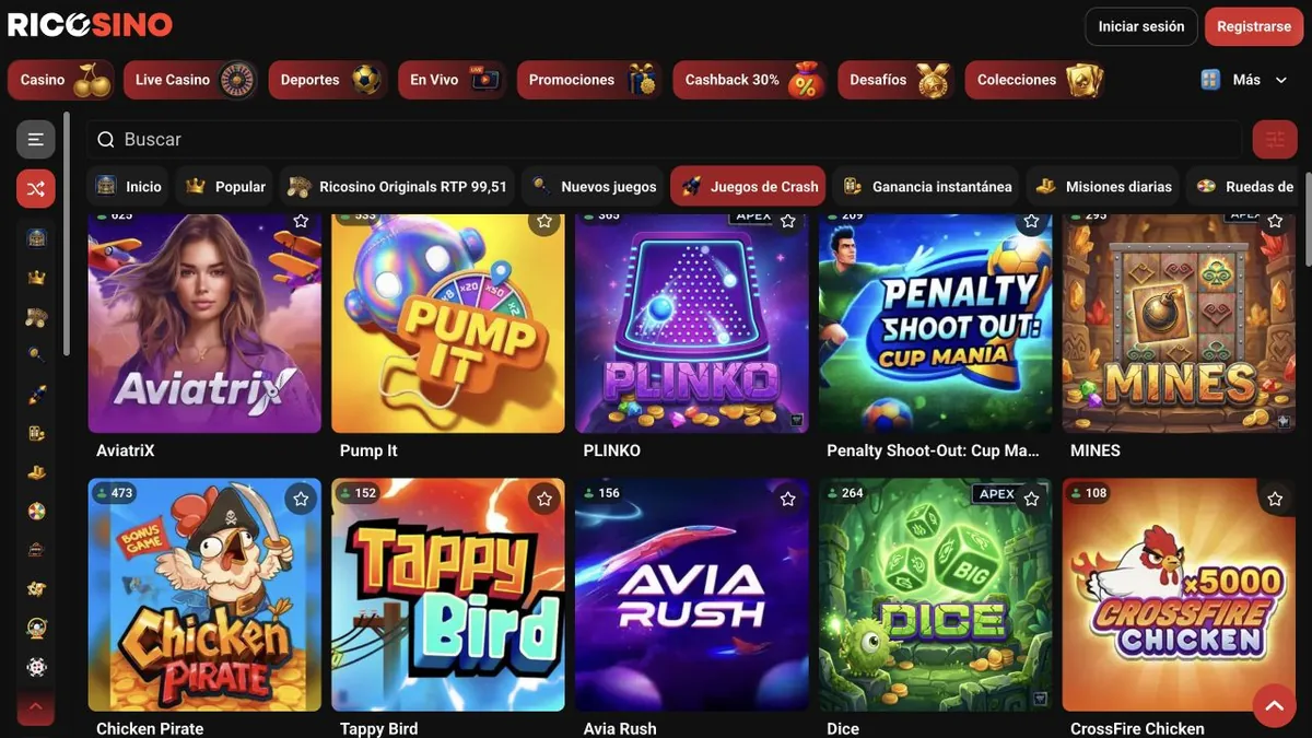 Captura de la categoría Juegos de Crash de Ricosino con AviatriX, Pump It, PLINKO, MINES, Avia Rush y CrossFire Chicken