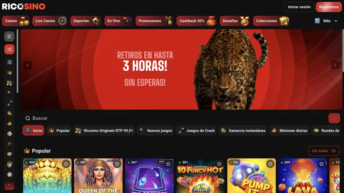 Captura de la portada de ricosino.com en la versión chilena con el banner Retiros en hasta 3 horas, sin esperas y una fila de juegos populares