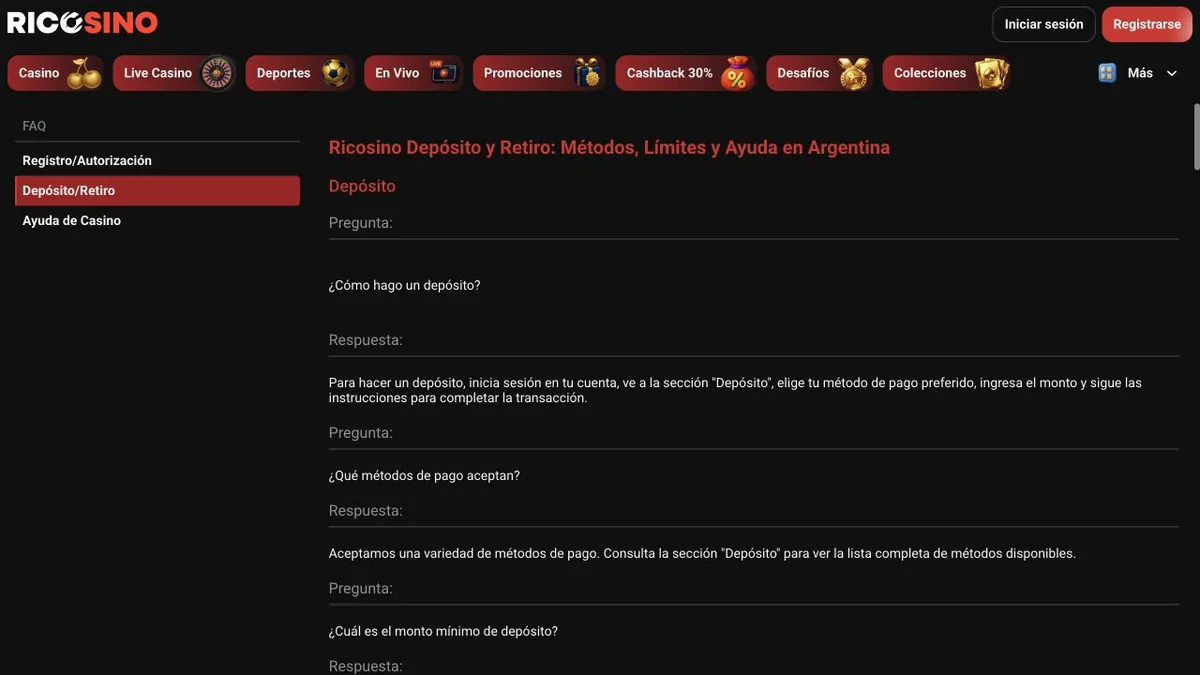 Captura del FAQ de depósito y retiro de Ricosino con preguntas como Cómo hago un depósito y Qué métodos de pago aceptan