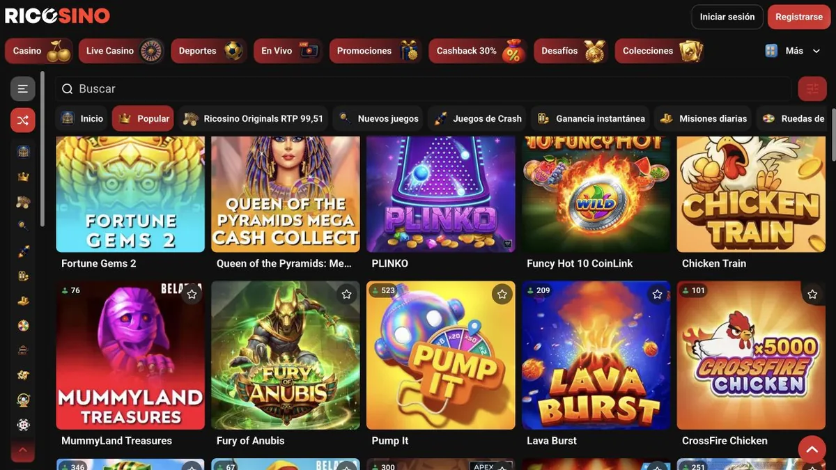 Fila Popular de Ricosino con títulos como Chicken Train, Fury of Anubis y Fortune Gems 2