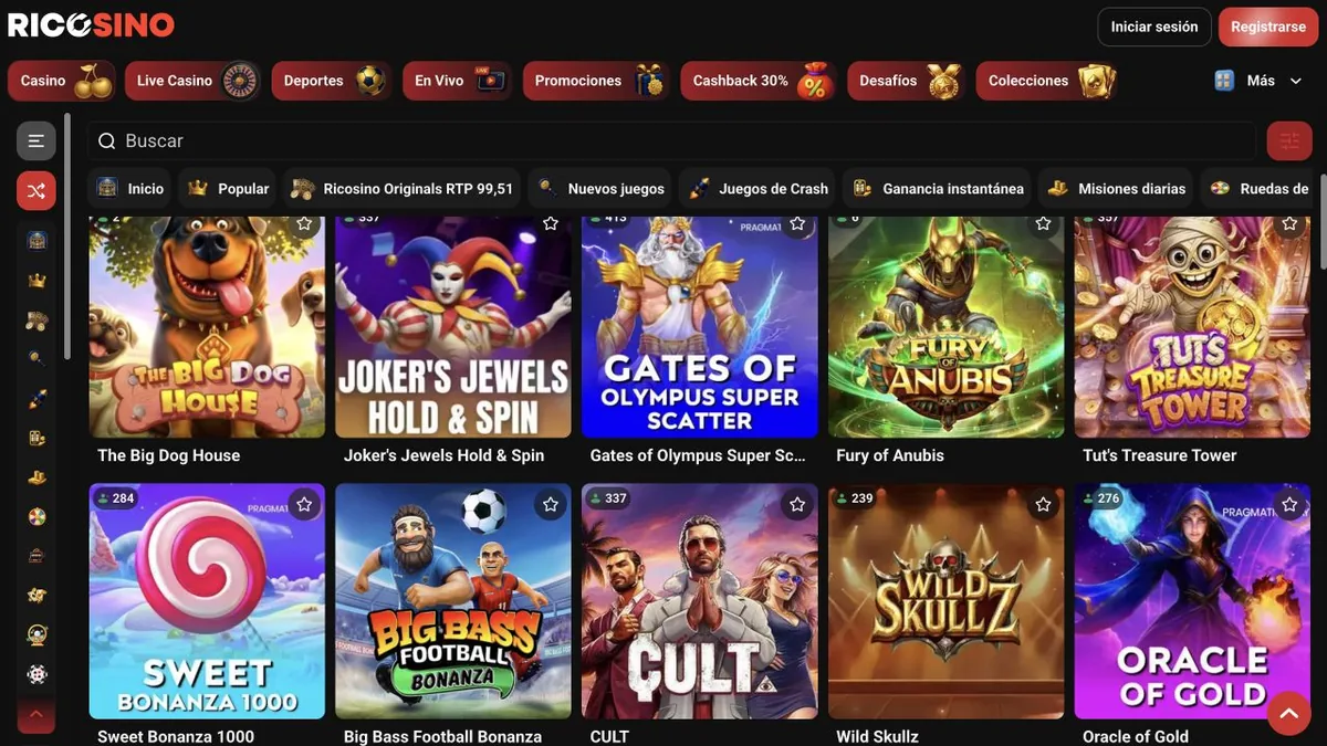Captura del lobby de Ricosino filtrado por Pragmatic Play con The Big Dog House, Gates of Olympus Super Scatter y Sweet Bonanza 1000