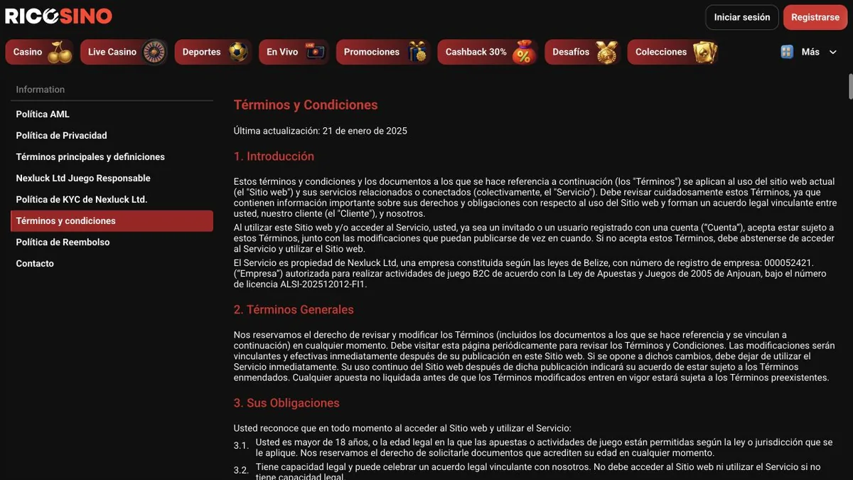 Captura de los Términos y Condiciones de Ricosino con fecha de actualización 21 de enero de 2025 y la cláusula sobre Nexluck Ltd