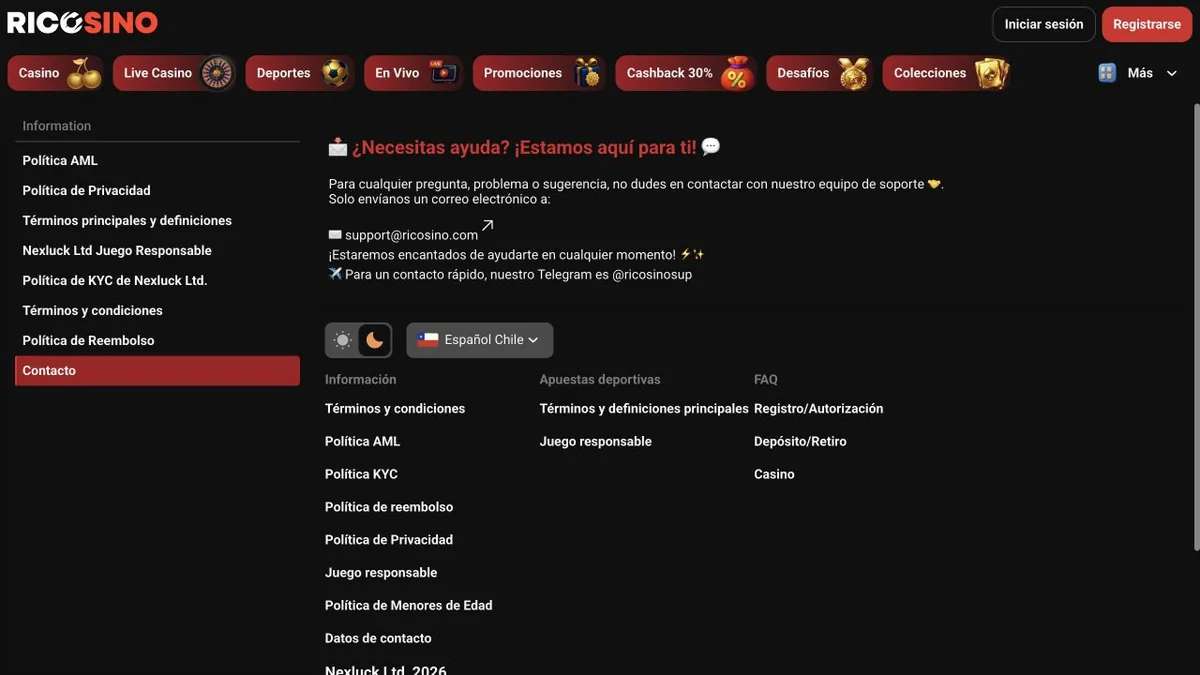 Captura de la página de contacto de Ricosino en la versión chilena, con correo de soporte, Telegram y selector de idioma en Español Chile