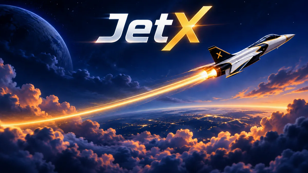 Ilustración editorial de JetX con una nave a reacción y una curva de multiplicador