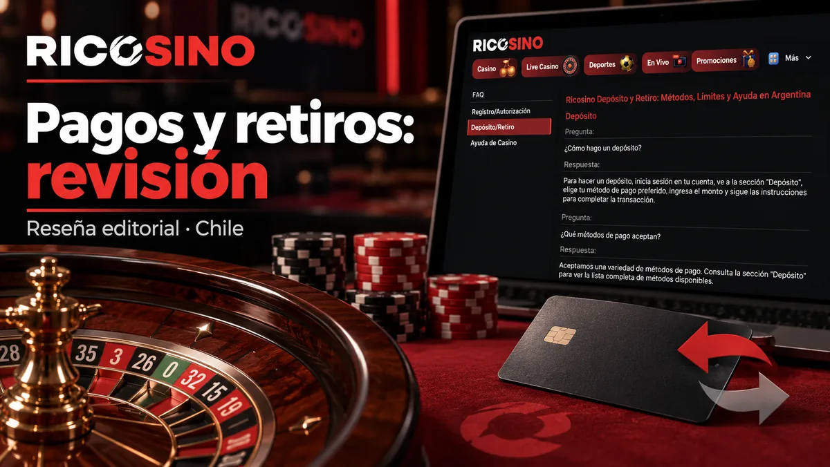 Portada editorial Pagos y retiros: revisión, con una tarjeta sin marca, el borde de una ruleta y flechas de transferencia