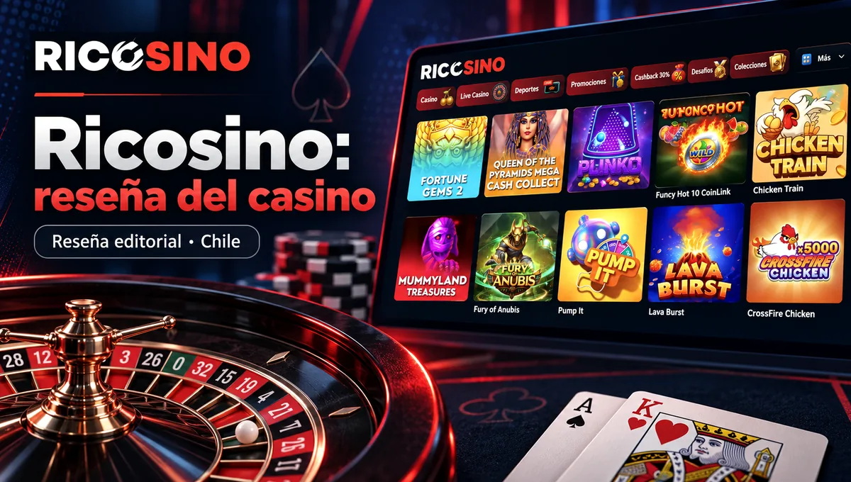 Portada editorial alternativa con el título Ricosino: reseña del casino, una ruleta y fichas del lobby