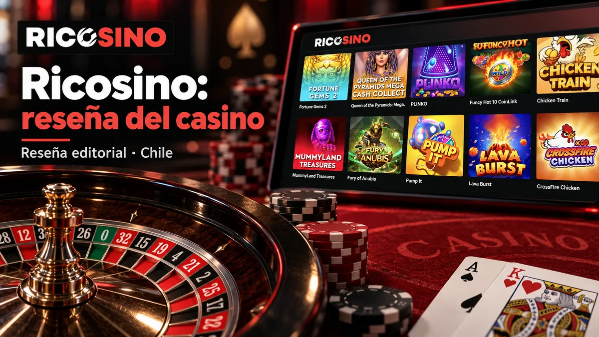 Portada de la reseña de Ricosino: ruleta, cartas y una fila de fichas del lobby, en estilo ilustrado